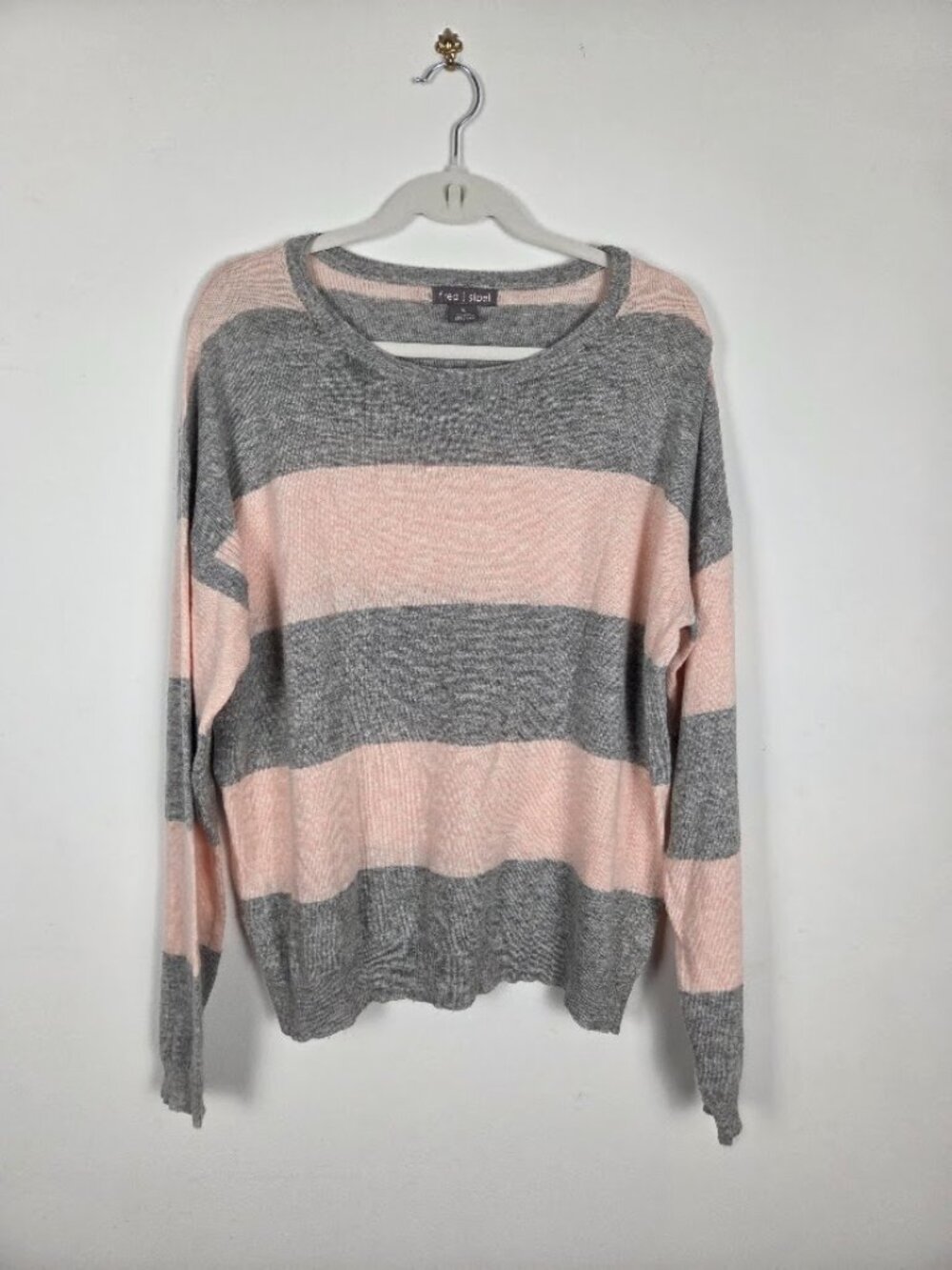 Fred & Sibel Pink & Grey Striped Crewneck Knit Pullover Sweater XL Angora Blend